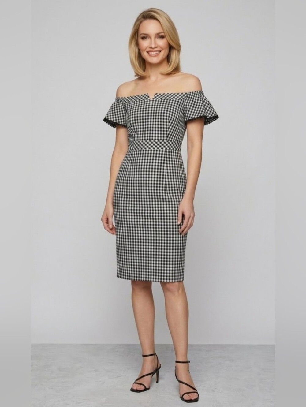 Nanette Lepore Black & White Off The Shoulder Gingham Check Sheath Dress NWOT
